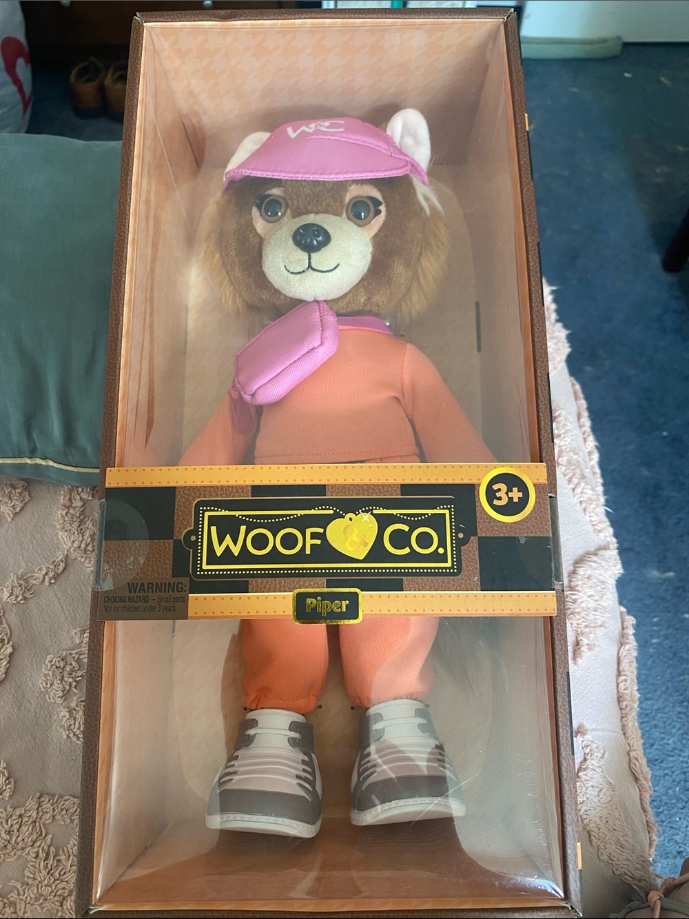 Piper Plush Dog in Pink Hat and Orange Outfit
